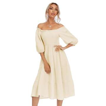 R.Vivimos Women's Summer Cotton Lantern Sleeves Ruffled Off Shoulder A-Line Midi Dresses