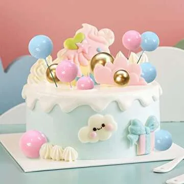 Ball Cake Topper Ball Cake Picks Colorful Pearl Ball Shaped Cupcake Insert Cake Topper for Bear Theme Birthday Party Favors Wedding Decoration Supplies (Gold Pink Blue)