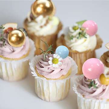Ball Cake Topper Ball Cake Picks Colorful Pearl Ball Shaped Cupcake Insert Cake Topper for Bear Theme Birthday Party Favors Wedding Decoration Supplies (Gold Pink Blue)