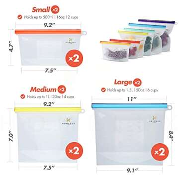 HOMELUX THEORY Reusable Freezer Bags, 6Pcs Reusable Ziploc Bags Silicone, Leakproof Reusable Silicone Food Storage Bags, Reusable Sandwich Container, Snack Bags & Silicon Sealable Bags (2L, 2M, 2S)
