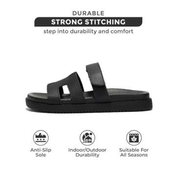 Project Cloud 100% Genuine Leather Womens Sandals - Memory Foam Slip on Sandals Women Footwear - Womens Fashion Platform Sandals Comfy Mules for Woman with Cut-Out Details Sandals (Mayven, Blk, 8)