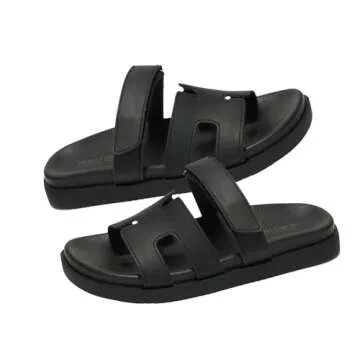 Project Cloud 100% Genuine Leather Womens Sandals - Memory Foam Slip on Sandals Women Footwear - Womens Fashion Platform Sandals Comfy Mules for Woman with Cut-Out Details Sandals (Mayven, Blk, 8)