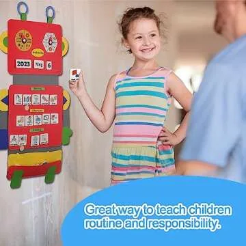 Visual Schedule Pocket Chart, Daily Routine Chart for Kids with Autism Learning Materials for Home School, Includes Robot Back Board and 2 Hooks
