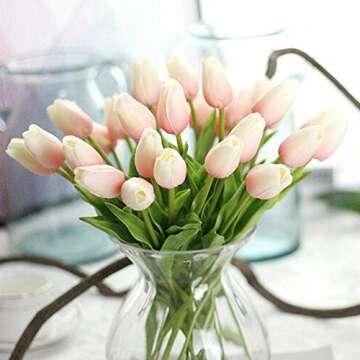 chilsoby 30 Pcs Artificial Tulip Flowers Real Touch Tulips Fake PU Tulip Flower Bouquet for Home Wed...