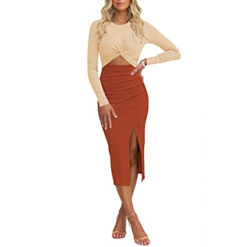 Pink Queen Women's Sexy Crewneck Bodycon Long Sleeve Hollow Out Knit Slit Party Pencil Midi Dress Di...