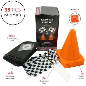 4E's Novelty 38 Pieces Set - 12 Traffic Cones With Hole on Top, 24 Checkered Flags, Racetrack Floor ...