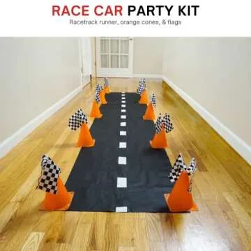 4E's Novelty 38 Pieces Set - 12 Traffic Cones With Hole on Top, 24 Checkered Flags, Racetrack Floor Runner - for For Race Car Birthday Party Supplies, Table Centerpiece Decorations Kids Gift