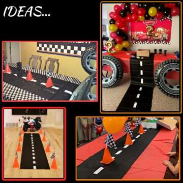 4E's Novelty 38 Pieces Set - 12 Traffic Cones With Hole on Top, 24 Checkered Flags, Racetrack Floor Runner - for For Race Car Birthday Party Supplies, Table Centerpiece Decorations Kids Gift