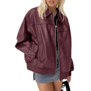 Tankaneo Womens Faux Leather Jackets Oversized Bomber Casual Fall Fashion Zip Up Moto Biker Coats