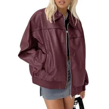 Tankaneo Womens Faux Leather Jackets Oversized Bomber Casual Fall Fashion Zip Up Moto Biker Coats