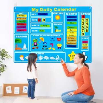 WATINC My First Daily Calendar Felt-Board for Kids 3.5Ft 70Pcs All About Today Funky Frog Weather Season Chart Days of The Week Circle Time Bulletin Board Preschool Early Learning Play Kit for Wall