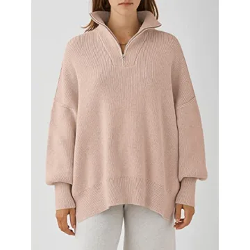 ANRABESS Women's Oversized Fashion Long Sleeve Quarter Zip Baggy Loose Slouchy Sweater Pullover Tops 2024 Fall Outfits Pink Large