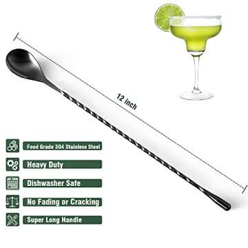 GLAMFIELDS 12-Inch Long Handle Mixing Spoons,Cocktail Spoon, Stirring Spoons for Drink, Stainless Steel bar Shaker Spoons with Black Spiral Pattern, Set of 2