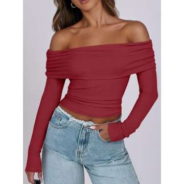 ANRABESS Womens Long Sleeve Off Shoulder Shirts Tight Fitted Going Out Y2K Sexy Ruched Tee Tops Blouses 2024 Trendy Outfits Red X-Large
