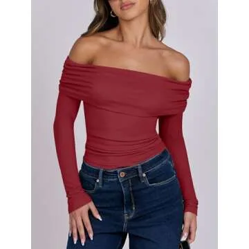 ANRABESS Womens Long Sleeve Off Shoulder Shirts Tight Fitted Going Out Y2K Sexy Ruched Tee Tops Blouses 2024 Trendy Outfits Red X-Large