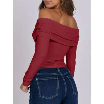 ANRABESS Womens Long Sleeve Off Shoulder Shirts Tight Fitted Going Out Y2K Sexy Ruched Tee Tops Blouses 2024 Trendy Outfits Red X-Large