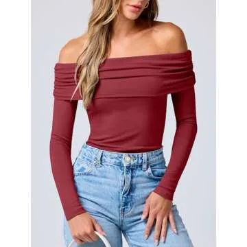 ANRABESS Womens Long Sleeve Off Shoulder Shirts Tight Fitted Going Out Y2K Sexy Ruched Tee Tops Blouses 2024 Trendy Outfits Red X-Large