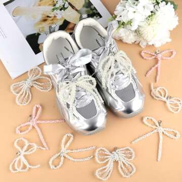 2Pcs Pearl Bow Shoe Charms for Sneakers Decoration Shoe Lace Charms Sneakers Elegant Pearl Buckle Dr...
