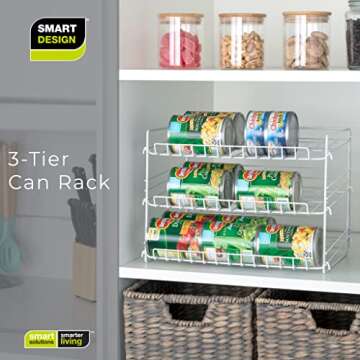 Smart Design Can Organizer for Pantry – Perfect for Kitchen Organization, Refrigerator, Cabinet, Spice Rack – 3 Tier Adjustable Can Storage - Steel Metal Shelves – Holds Up to 36 Cans - White
