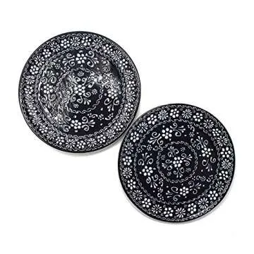 Global Crafts Encantada Handmade Pottery Dinner Plates Set of 2 - Black and White Ink Collection