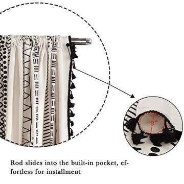 ColorBird Boho Curtains 2 Panels, Black and White 84 Inch Length Curtains for Living Room, Farmhouse Geometric Tassels Rod Pocket Window Drapes for Dining Room