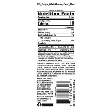 Reign Total Body Fuel, White Gummy Bear, Fitness & Performance Drink, 16 Fl Oz (Pack of 12)