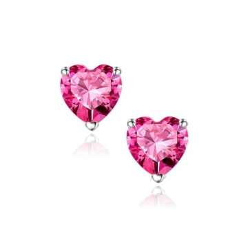 SMILEST Heart Birthstone Stud Earrings for Women Mom, 925 Sterling Silver Pink Earrings Heart Pink C...