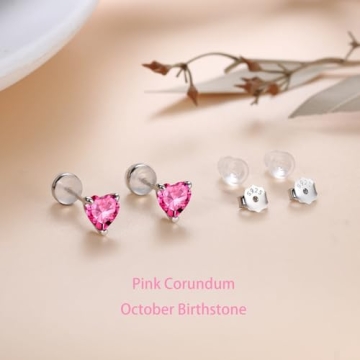 SMILEST Heart Birthstone Stud Earrings for Women Mom, 925 Sterling Silver Pink Earrings Heart Pink Corundum October Birthstone Stud Earrings Earrings for Her Wife Mom Friend Birthday Gifts