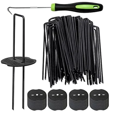 Bakulyor 100pcs Black Landscape Staples + Buffer Washers - Heavy Duty Garden Stakes