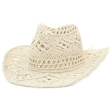 GEMVIE Men & Women's Summer Cowboy Cowgirl Straw Hat Hollow Out Style Roll Up Brim Cowboy Sun Hat Kh...