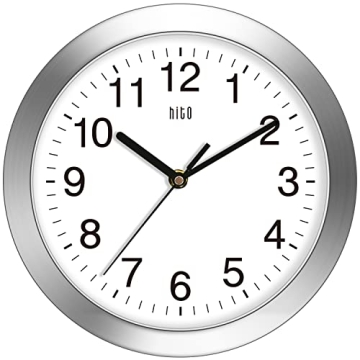 HITO 10 Inch Silent Wall Clock Battery Operated Non Ticking Glass Cover Silver Aluminum Frame for Ki...