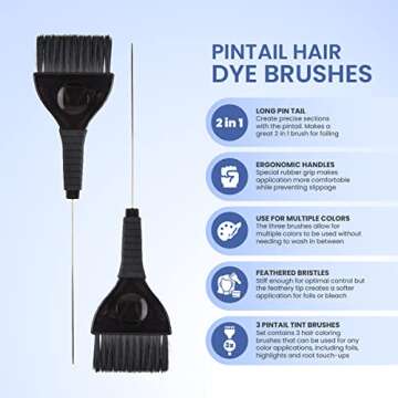 Pintail Hair Dye Brushes - 3 Tint Brushes for Hair Color - Pin Tail for Precise Sectioning - Hair Dye Brush Applicator - Color Brushes for Hair Salon (Black)
