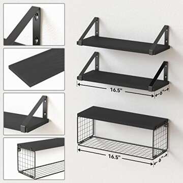 DOLLFIO Floating Shelves for Bathroom with Basket, Wooden Wall Shelves, Floating Shelves for Wall Décor, Wall Mounted Floating Shelf for Bathroom, Floating Shelf for Wall, Bedroom, Living Room –Black