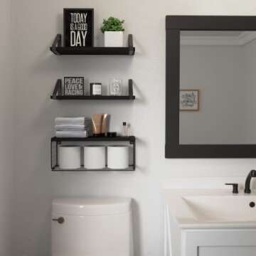 DOLLFIO Floating Shelves for Bathroom with Basket, Wooden Wall Shelves, Floating Shelves for Wall Décor, Wall Mounted Floating Shelf for Bathroom, Floating Shelf for Wall, Bedroom, Living Room –Black