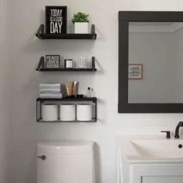 DOLLFIO Floating Shelves for Bathroom with Basket, Wooden Wall Shelves, Floating Shelves for Wall Décor, Wall Mounted Floating Shelf for Bathroom, Floating Shelf for Wall, Bedroom, Living Room –Black