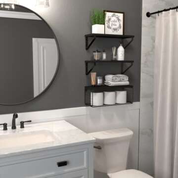 DOLLFIO Floating Shelves for Bathroom with Basket, Wooden Wall Shelves, Floating Shelves for Wall Décor, Wall Mounted Floating Shelf for Bathroom, Floating Shelf for Wall, Bedroom, Living Room –Black