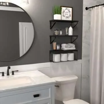 DOLLFIO Floating Shelves for Bathroom with Basket, Wooden Wall Shelves, Floating Shelves for Wall Décor, Wall Mounted Floating Shelf for Bathroom, Floating Shelf for Wall, Bedroom, Living Room –Black