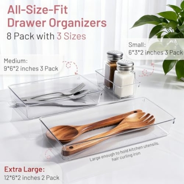 8 Pack Large Clear Plastic Drawer Organizer Bins - Acrylic Bathroom Drawer Organizer Trays - Heavy D...