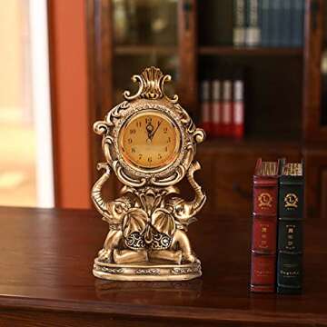 rnuie Desk Clock for Mantle Decor, Vintage Elephant Table Clock Battery Operated, Bronze Elephant Statue Mantel Clock for Living Room, Shelf, Fireplace, Home, Table Top Decor