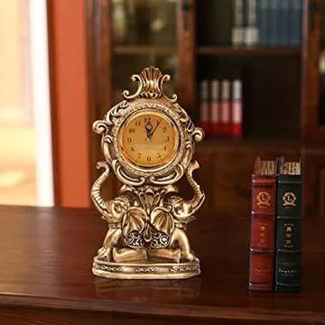 rnuie Desk Clock for Mantle Decor, Vintage Elephant Table Clock Battery Operated, Bronze Elephant Statue Mantel Clock for Living Room, Shelf, Fireplace, Home, Table Top Decor
