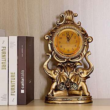 rnuie Desk Clock for Mantle Decor, Vintage Elephant Table Clock Battery Operated, Bronze Elephant Statue Mantel Clock for Living Room, Shelf, Fireplace, Home, Table Top Decor