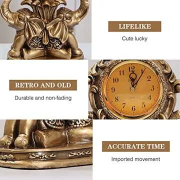 rnuie Desk Clock for Mantle Decor, Vintage Elephant Table Clock Battery Operated, Bronze Elephant Statue Mantel Clock for Living Room, Shelf, Fireplace, Home, Table Top Decor
