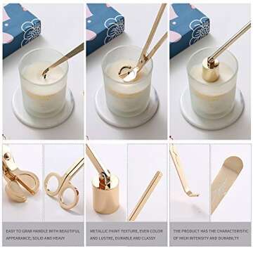 BEDOGO 4 in 1 Candle Accessory Set - Candle Wick Trimmer,Candle Wick Dipper,Candle Wick Snuffer,Storage Tray Plate - Candle Care Tools - Elegant Gift for Candle Lovers and Aromatherapy Lovers (Gold)