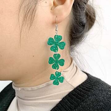 Pingyongchang St. Patrick's Day Earrings Irish Shamrock Acrylic Dangle Earrings Green Clover Drop Ea...