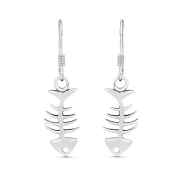 AeraVida Charming Funky Fishbone Skeleton .925 Sterling Silver Dangle Earrings | Jewelry Gift for Wo...