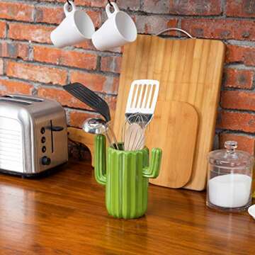MyGift Southwestern Style Green Ceramic Utensil Holder with Cactus Shaped Design, Countertop Utensil...