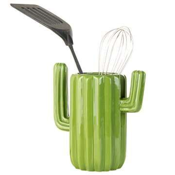 MyGift Southwestern Style Green Ceramic Utensil Holder with Cactus Shaped Design, Countertop Utensil Crock Container Kitchen Decor