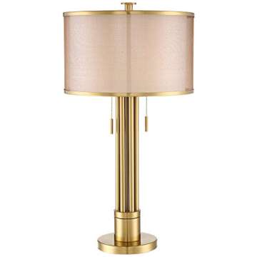 Possini Euro Design Granview Modern Table Lamp 32 1/2" Tall Brass Column Taupe Organza Outer Off Whi...
