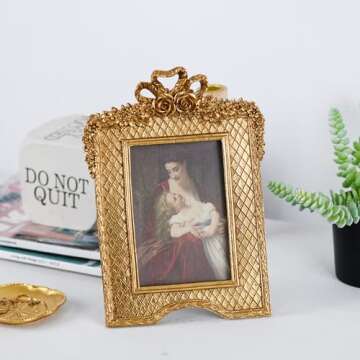 SDlumeiy Vintage 4x6 Photo Frame, Beautiful Resin Photo Frame with Glass, Gold Photo Frame for 4x6 inch Photo, Suitable for Wall Hanging or Tabletop Display Photo Frame (Gold 4x6)