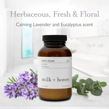 milk + honey Calming Bath Soak No. 8, Moisturizing Epsom Salt Bath Soak with Lavender and Eucalyptus Oils, Soothing and Relaxing Bath Soak, 10 oz